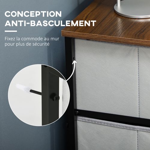 Commode 6 Tiroirs Pliables Acier Noir Aspect Bois Non Tissé Gris