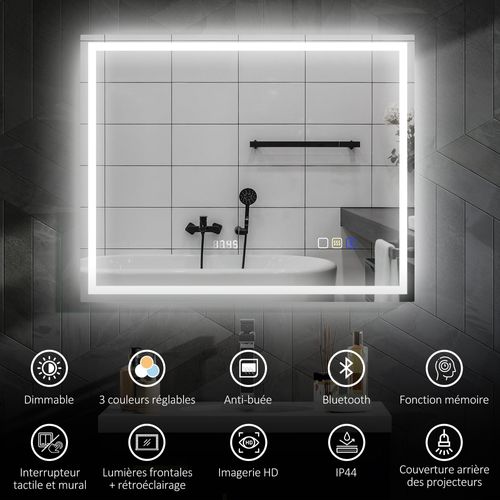 Miroir Lumineux LED 100 X 80 Cm Bluetooth Interrupteur Tactile Lumière Réglable