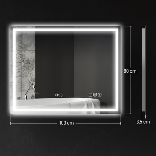 Miroir Lumineux LED 100 X 80 Cm Bluetooth Interrupteur Tactile Lumière Réglable