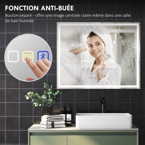 Miroir Lumineux LED 100 X 80 Cm Bluetooth Interrupteur Tactile Lumière Réglable