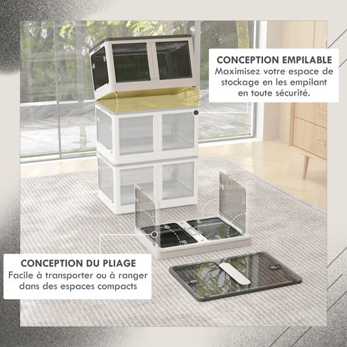 Boîte De Rangement Plastique 69l Pliable Empilable Couvercle 4 Roulettes Blanc Gris