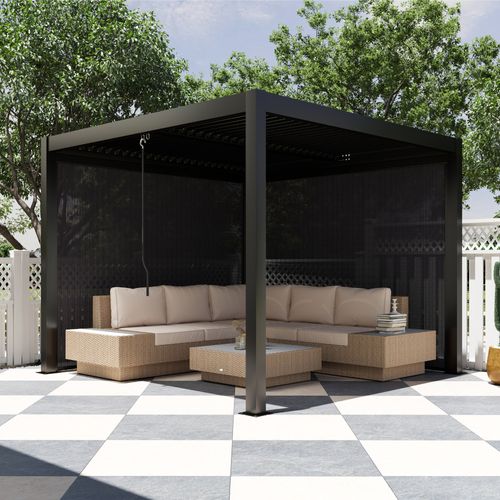 Pergola Bioclimatique En Alu 3 X 3 M - Lames Orientables, 2 Stores Latéraux - Anthracite