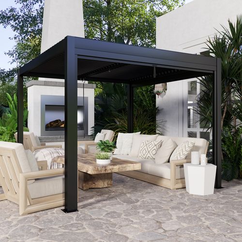 Pergola Bioclimatique En Alu 3 X 3 M - Lames Orientables, 2 Stores Latéraux - Anthracite