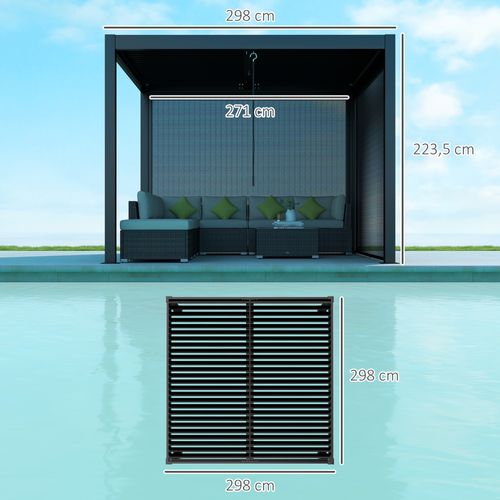 Pergola Bioclimatique En Alu 3 X 3 M - Lames Orientables, 2 Stores Latéraux - Anthracite