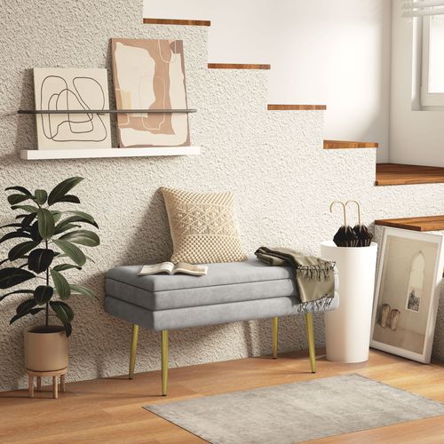 Banquette Coffre De Rangement 2 En 1 Acier Doré Velours Gris Clair