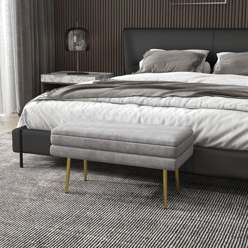 Banquette Coffre De Rangement 2 En 1 Acier Doré Velours Gris Clair