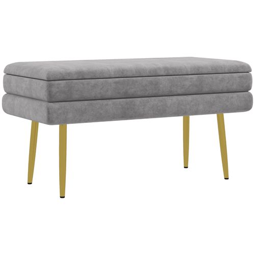 Banquette Coffre De Rangement 2 En 1 Acier Doré Velours Gris Clair
