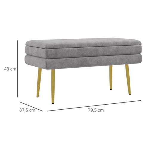 Banquette Coffre De Rangement 2 En 1 Acier Doré Velours Gris Clair