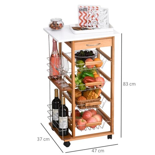 Desserte Cuisine Bois Roulante Tiroir 4 Paniers 2 Porte-bouteilles