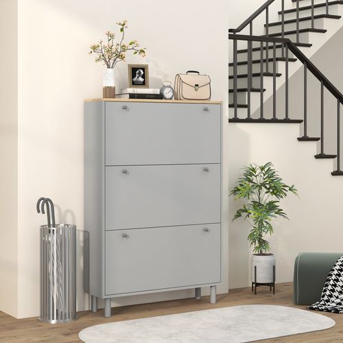 Meuble à Chaussures Sur Pieds 3 Portes Étagères Gris Effet Bois