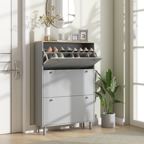 Meuble à Chaussures Sur Pieds 3 Portes Étagères Gris Effet Bois