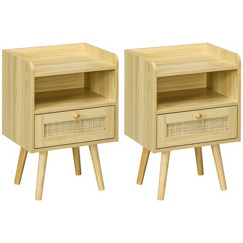 Lot De 2 Chevets Tables De Nuit Style Bohème Cannage Bois De Pin Effet Bois Clair