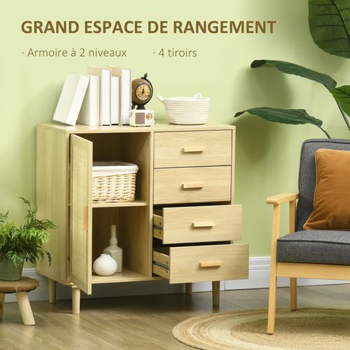 Buffet Cannage Rotin Style Naturel Porte Étagère 4 Tiroirs