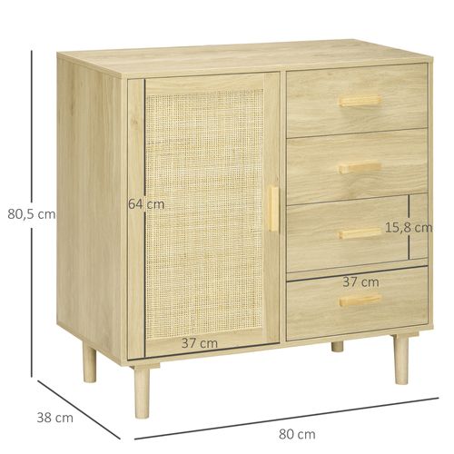 Buffet Cannage Rotin Style Naturel Porte Étagère 4 Tiroirs