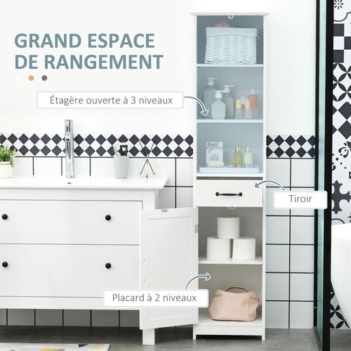Colonne Salle De Bain H.164 Cm - Porte, Étagère, Tiroir, 3 Niches - Blanc