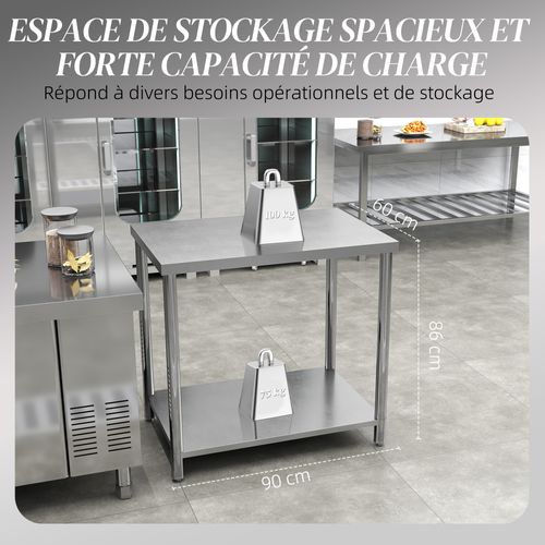 Table De Travail Acier Inox Avec Étagère 90 X 60 X 86 Cm
