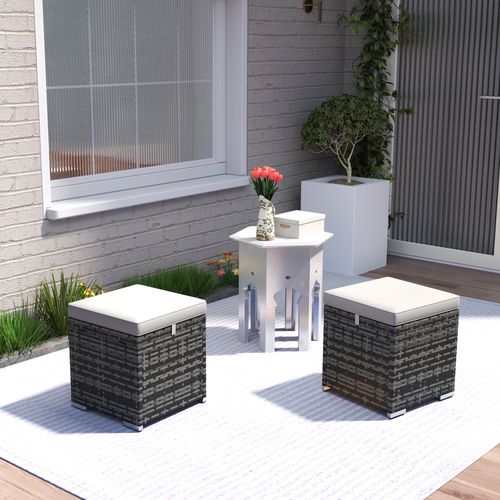 Lot De 2 Poufs Coffres De Jardin - Coussins - Résine Effet Rotin Gris