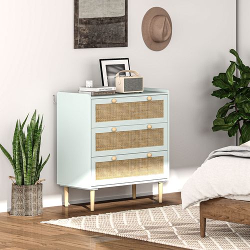 Commode 3 Tiroirs Style Bohème Chic Cannage Rotin Effet Bois Vert De Gris