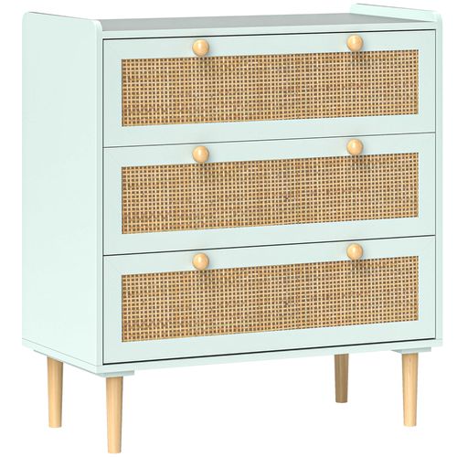 Commode 3 Tiroirs Style Bohème Chic Cannage Rotin Effet Bois Vert De Gris