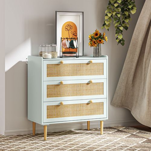 Commode 3 Tiroirs Style Bohème Chic Cannage Rotin Effet Bois Vert De Gris