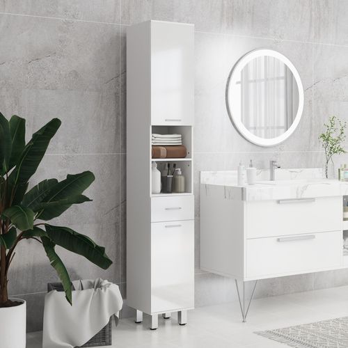 Colonne Salle De Bain H.180cm Façade Blanc Laqué Multi-rangement