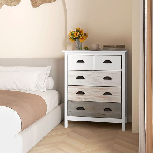 Commode 5 Tiroirs Style Shabby Chic Poignées Coquille Blanc Effet Bois