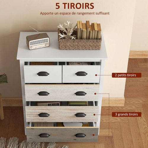 Commode 5 Tiroirs Style Shabby Chic Poignées Coquille Blanc Effet Bois