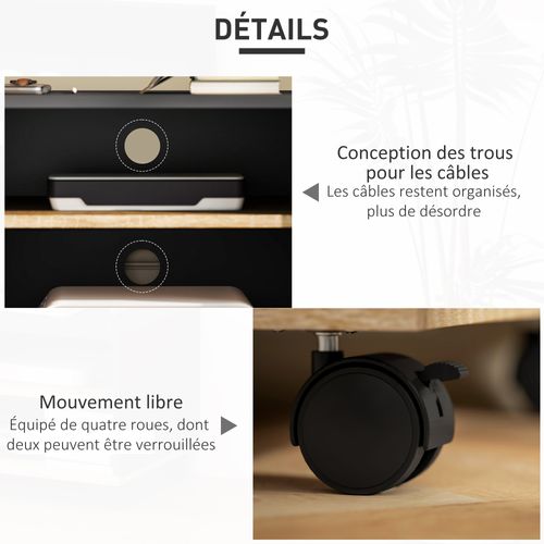Meuble TV Sur Roulettes - 2 Niches + Placard Porte 2 Passe-fil