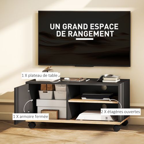 Meuble TV Sur Roulettes - 2 Niches + Placard Porte 2 Passe-fil