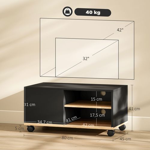 Meuble TV Sur Roulettes - 2 Niches + Placard Porte 2 Passe-fil