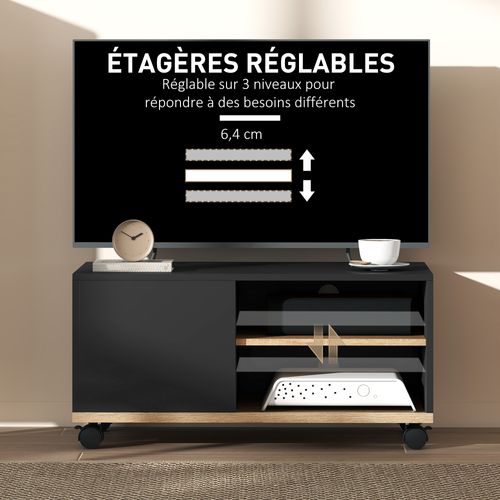 Meuble TV Sur Roulettes - 2 Niches + Placard Porte 2 Passe-fil