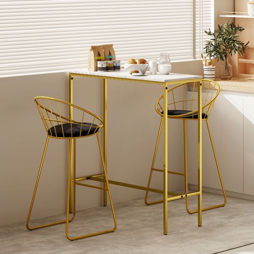 Table De Bar Acier Doré Plateau Effet Marbre Blanc