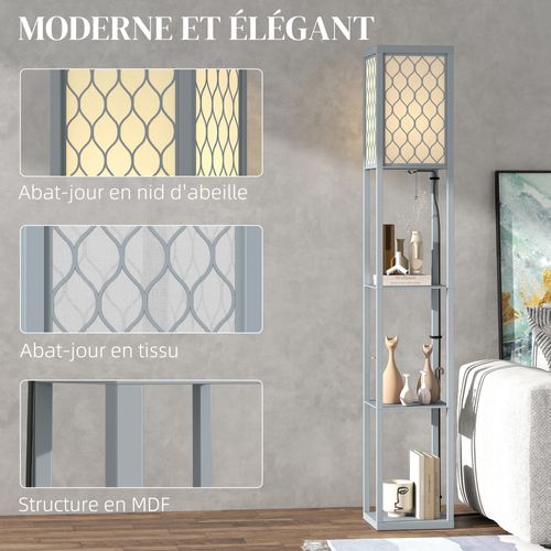 Lampadaire 3 Étagères Mdf Gris Abat-jour Tissu Motif Nid D'abeille