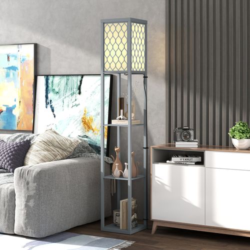 Lampadaire 3 Étagères Mdf Gris Abat-jour Tissu Motif Nid D'abeille