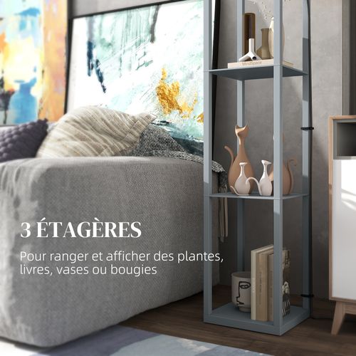 Lampadaire 3 Étagères Mdf Gris Abat-jour Tissu Motif Nid D'abeille