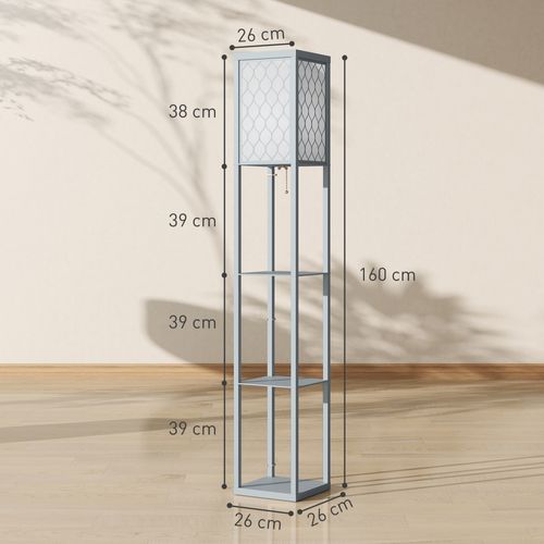 Lampadaire 3 Étagères Mdf Gris Abat-jour Tissu Motif Nid D'abeille