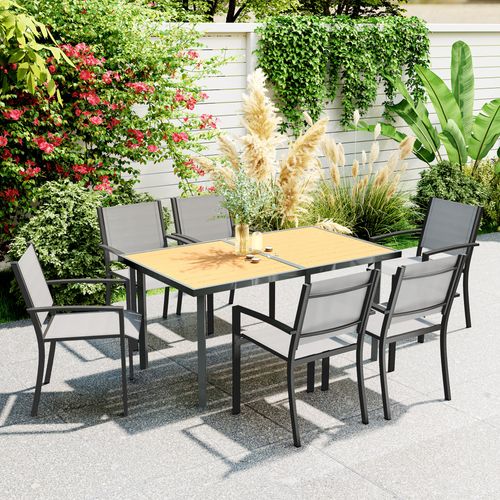 Table De Jardin 6 Personnes Rectangulaire Métal Gris Plateau Effet Bois Naturel