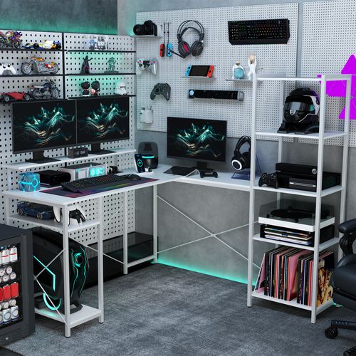 Bureau D'angle Design Contemporain Multi-rangement Métal Panneaux Blanc