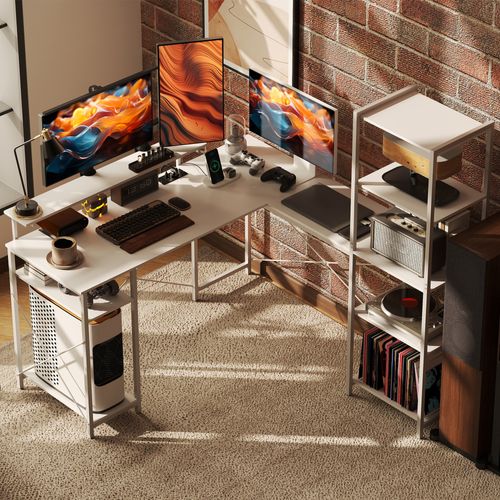 Bureau D'angle Design Contemporain Multi-rangement Métal Panneaux Blanc