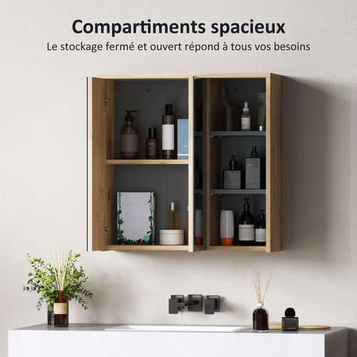 Armoire Miroir Salle De Bain - 2 Portes, Étagère, 3 Niches - Effet Bois Naturel