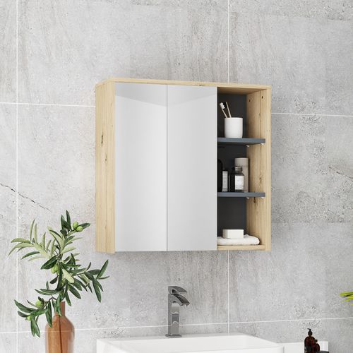 Armoire Miroir Salle De Bain - 2 Portes, Étagère, 3 Niches - Effet Bois Naturel