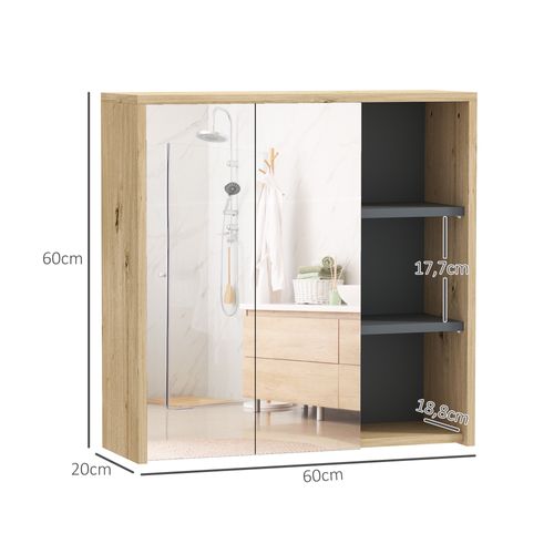 Armoire Miroir Salle De Bain - 2 Portes, Étagère, 3 Niches - Effet Bois Naturel