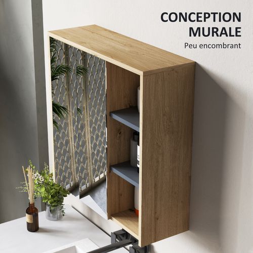 Armoire Miroir Salle De Bain - 2 Portes, Étagère, 3 Niches - Effet Bois Naturel