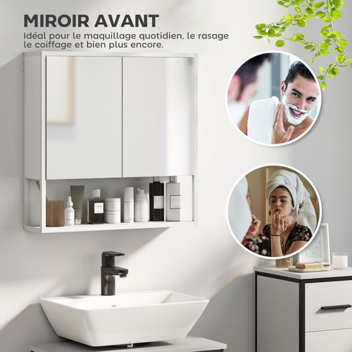 Armoire Murale Miroir Salle De Bain 2 Portes Étagère Niche Blanc