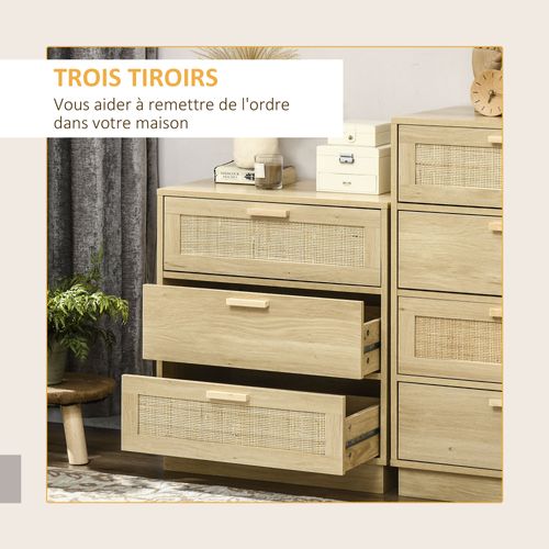Chiffonnier 3 Tiroirs Style Bohème Rotin Effet Bois Clair