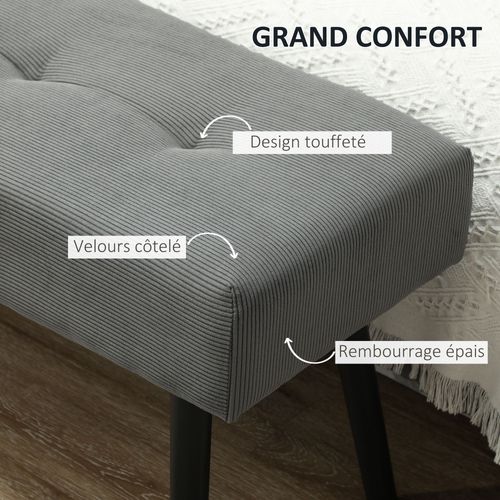 Banquette Bout De Lit Velours Côtelé Design Dim. 100 X 36 X 45 Cm Acier Noir Tissu