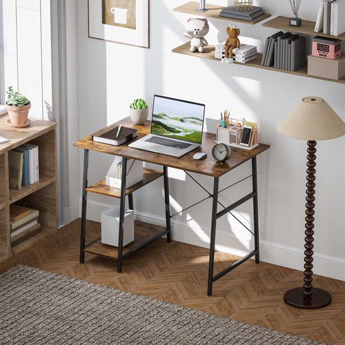 Bureau Style Industriel 2 Étagères Châssis Métal Noir Effet Bois Vieilli