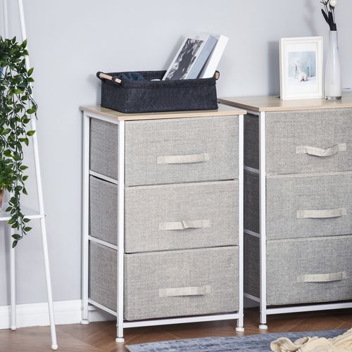 Chiffonnier 3 Tiroirs Métal Blanc Effet Bois Clair Non Tissé Gris Clair