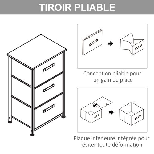 Chiffonnier 3 Tiroirs Métal Blanc Effet Bois Clair Non Tissé Gris Clair
