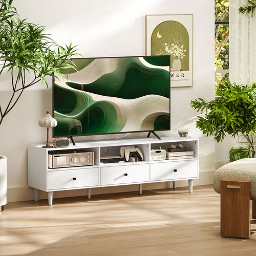 Meuble TV 3 Tiroirs 3 Niches Pieds Effilés Métal Effet Bois